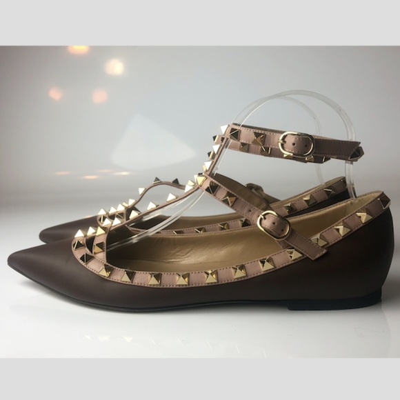 Valentino Shoes - Valentino Rockstud Brown Caged Ballet Flats 39.5